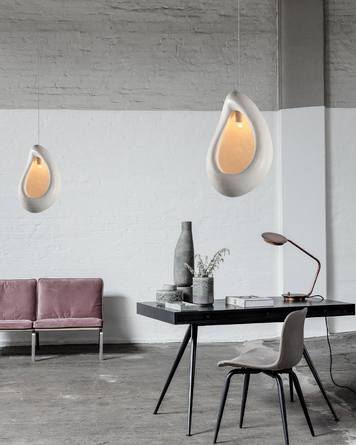 Seo hanglamp uit gips, organische druppelvorm, Wabi Sabi