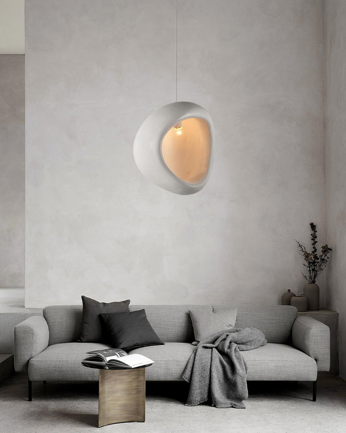 Seo hanglamp uit gips, organische druppelvorm, Wabi Sabi