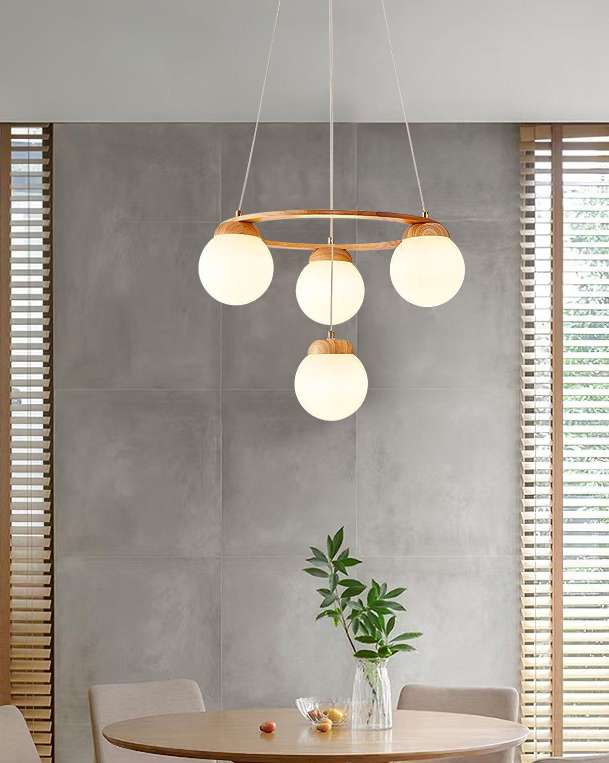 Aelion Kroonluchter van glas Houten Ring Opalglas bollen