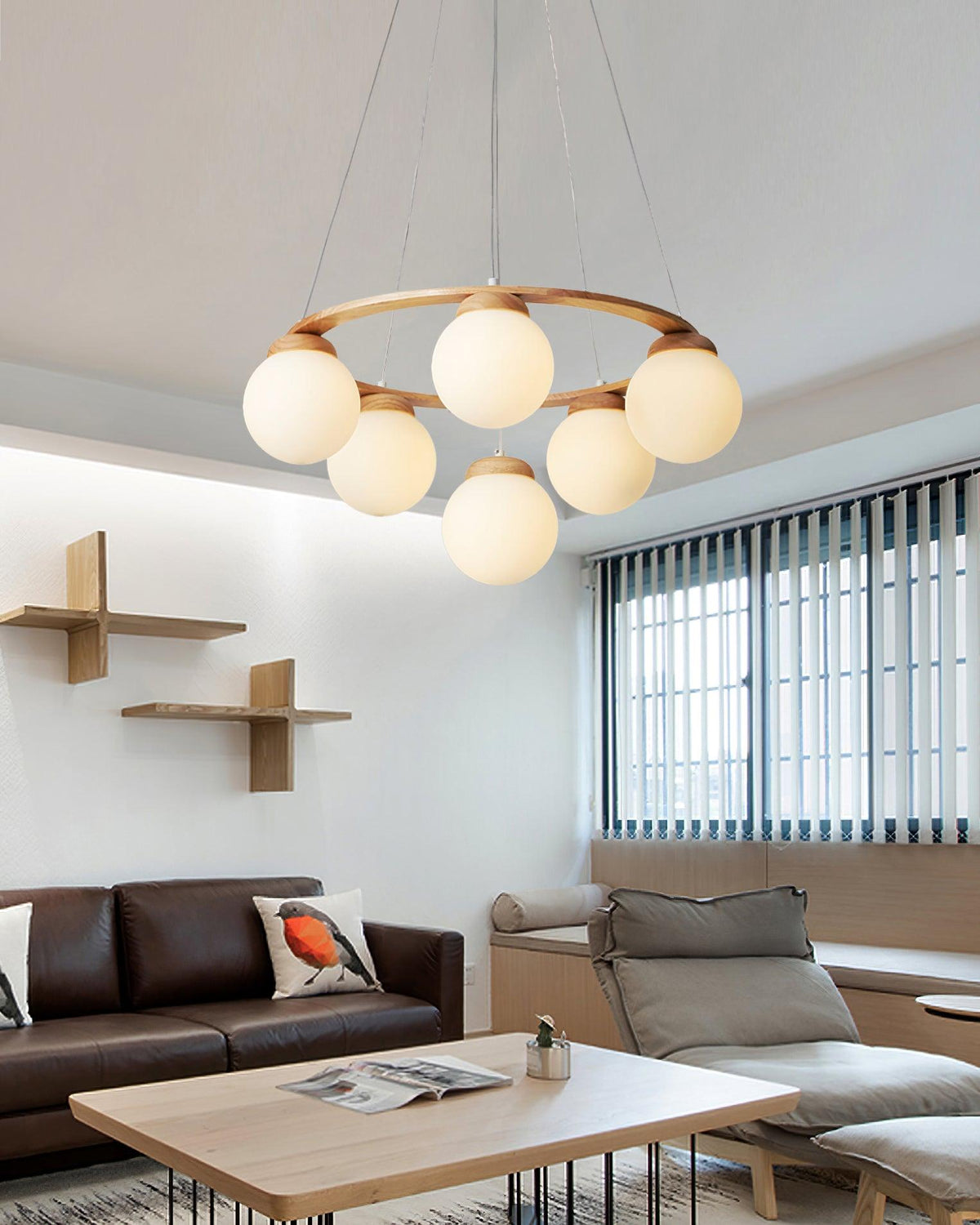 Aelion Kroonluchter van glas Houten Ring Opalglas bollen
