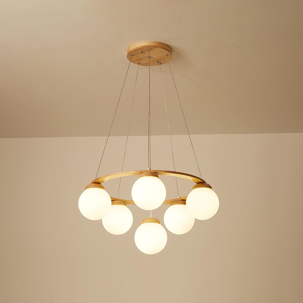 Aelion Kroonluchter van glas Houten Ring Opalglas bollen