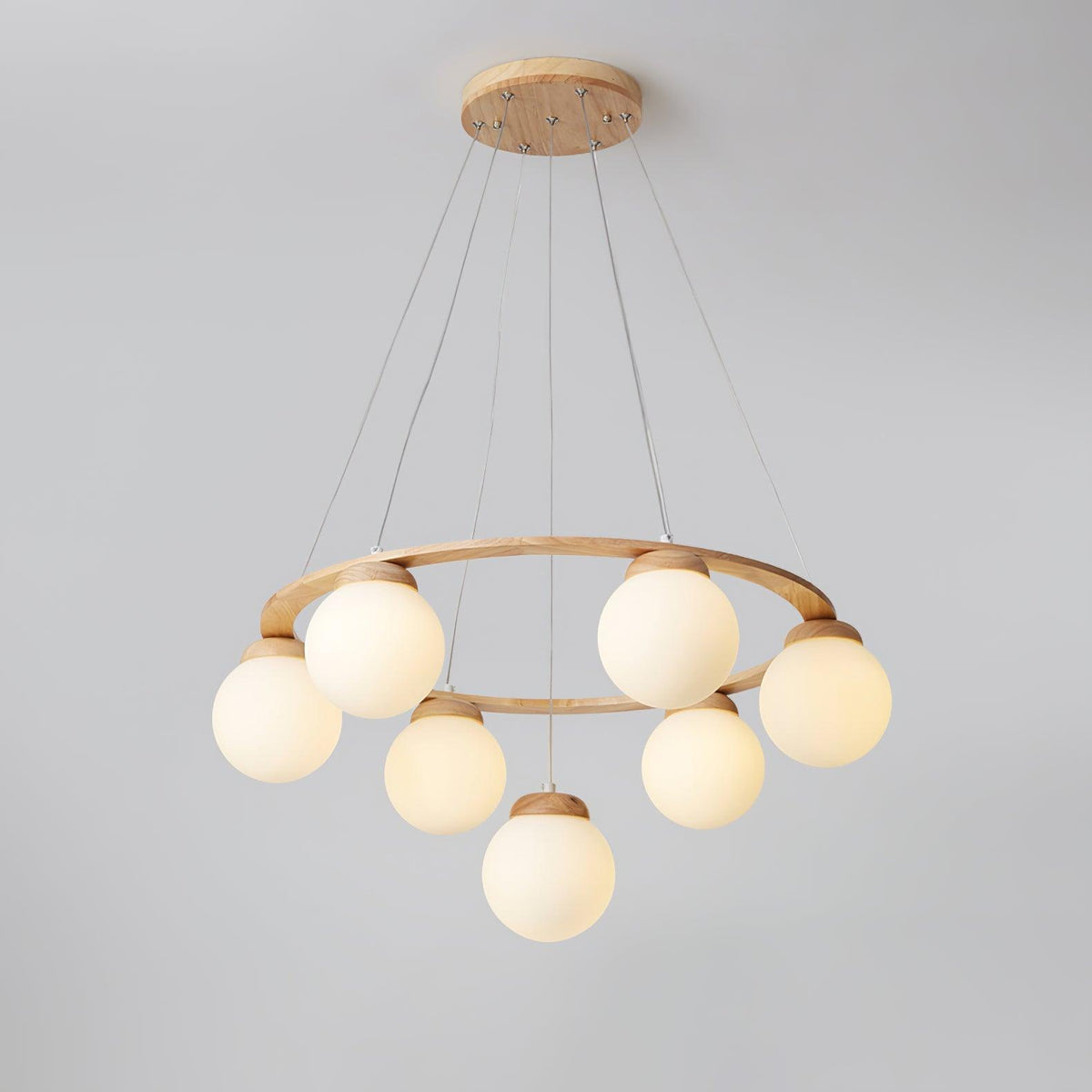 Aelion Kroonluchter van glas Houten Ring Opalglas bollen
