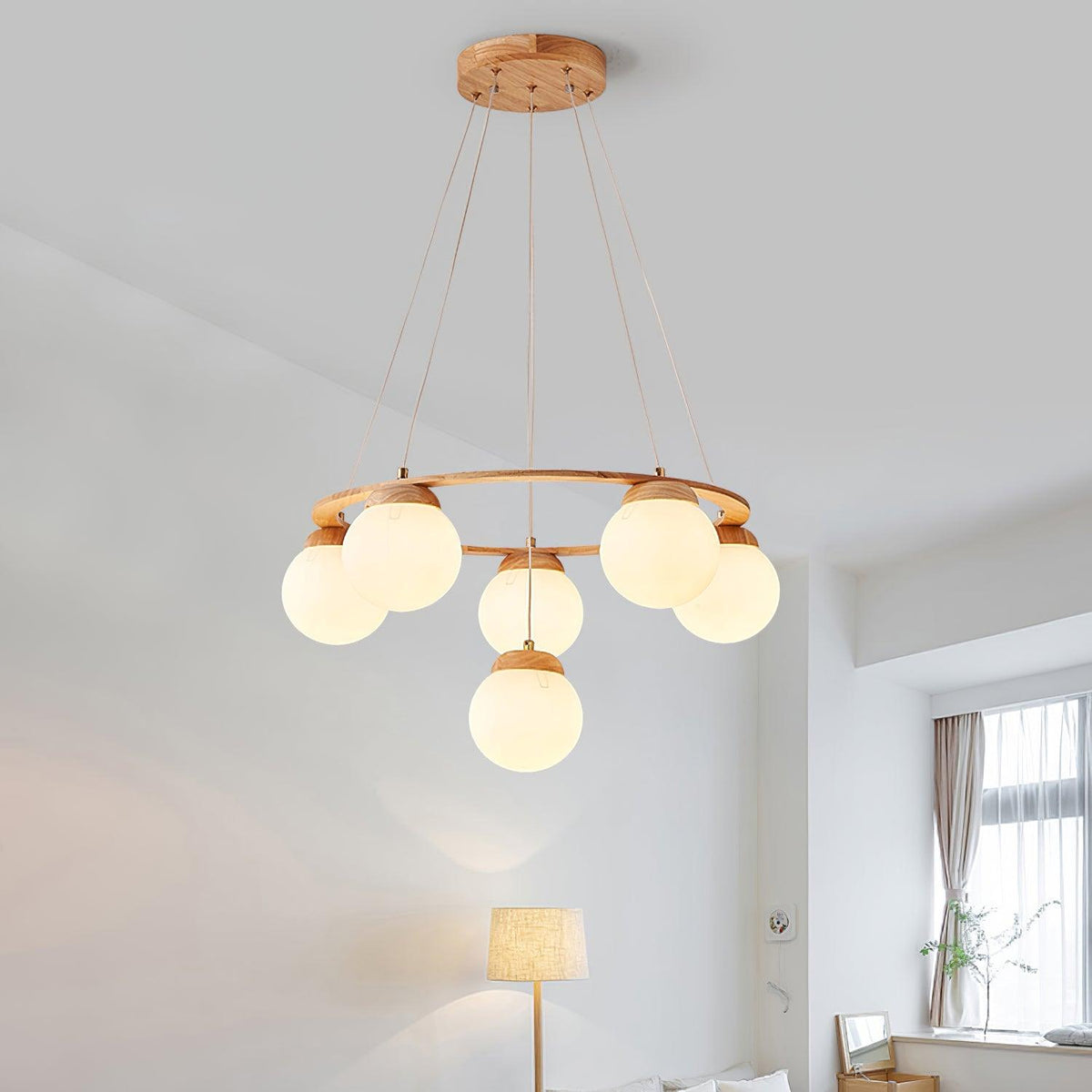 Aelion Kroonluchter van glas Houten Ring Opalglas bollen