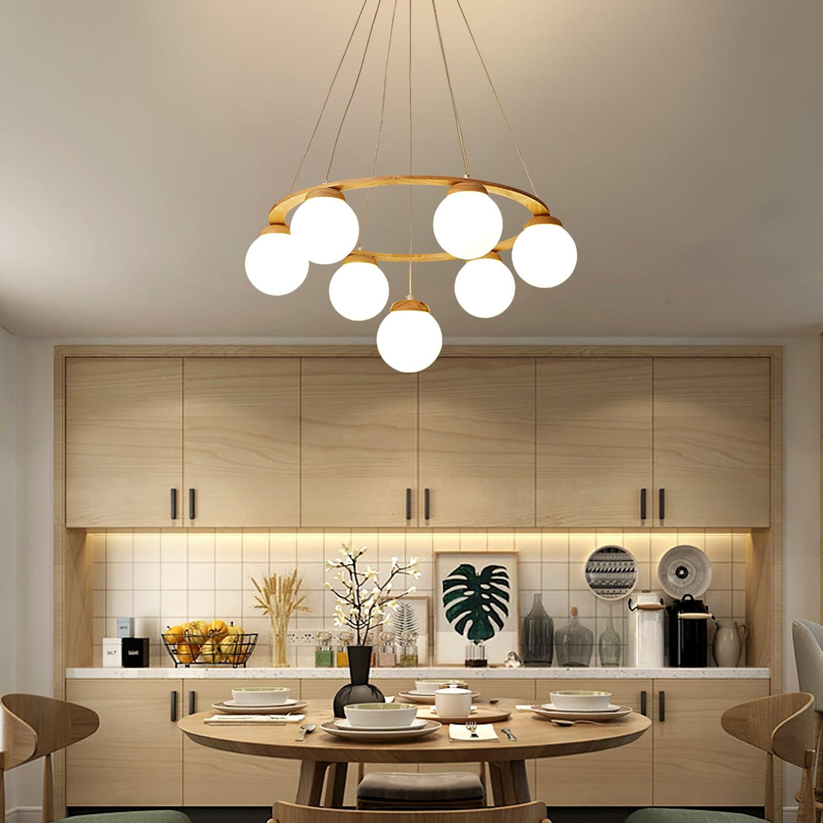 Aelion Kroonluchter van glas Houten Ring Opalglas bollen