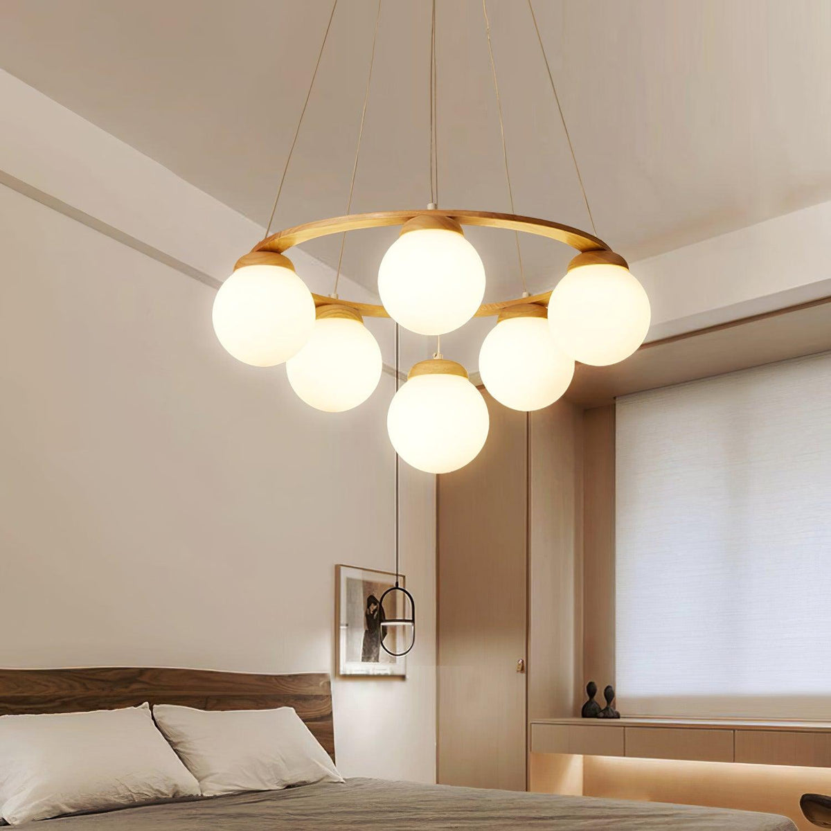 Aelion Kroonluchter van glas Houten Ring Opalglas bollen