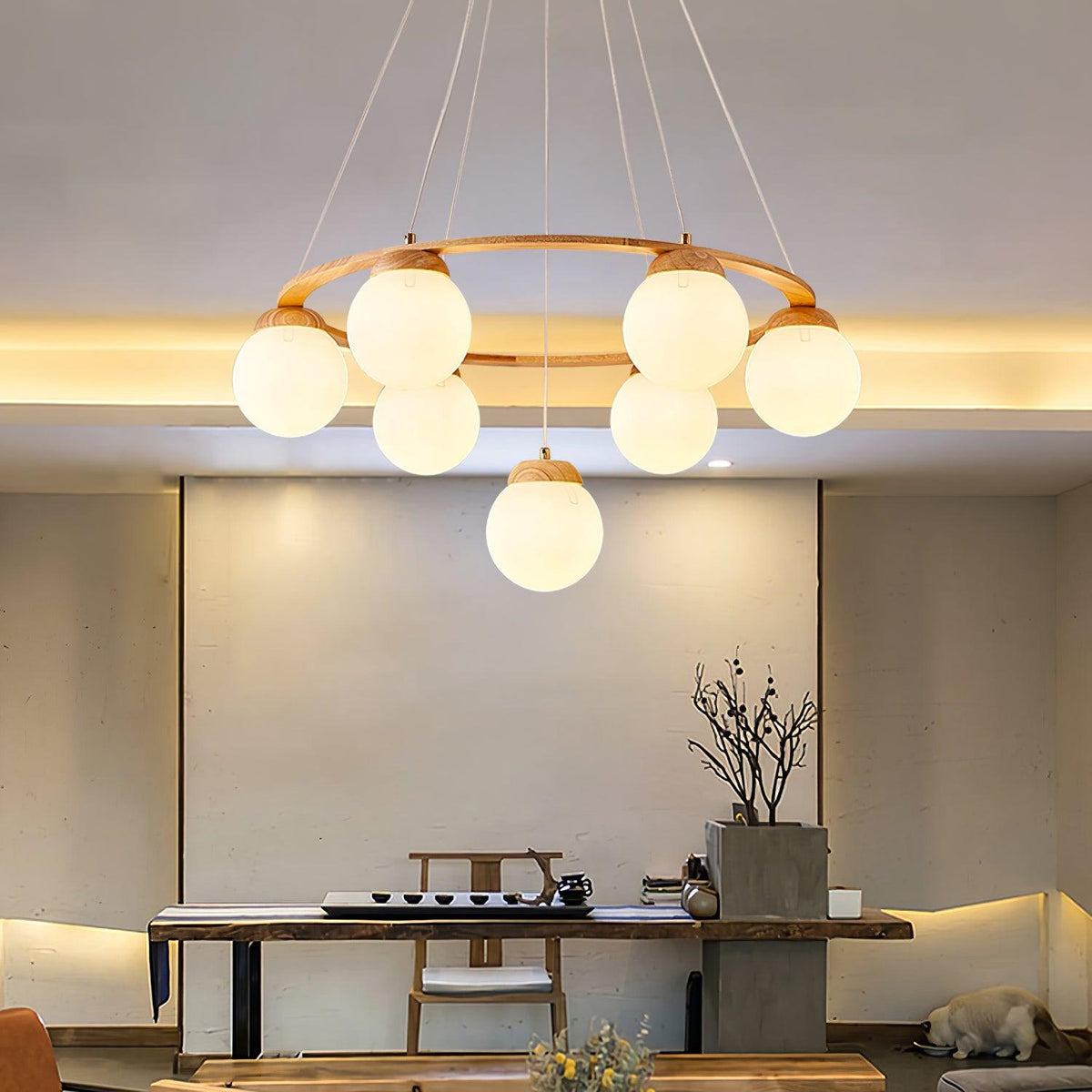 Aelion Kroonluchter van glas Houten Ring Opalglas bollen