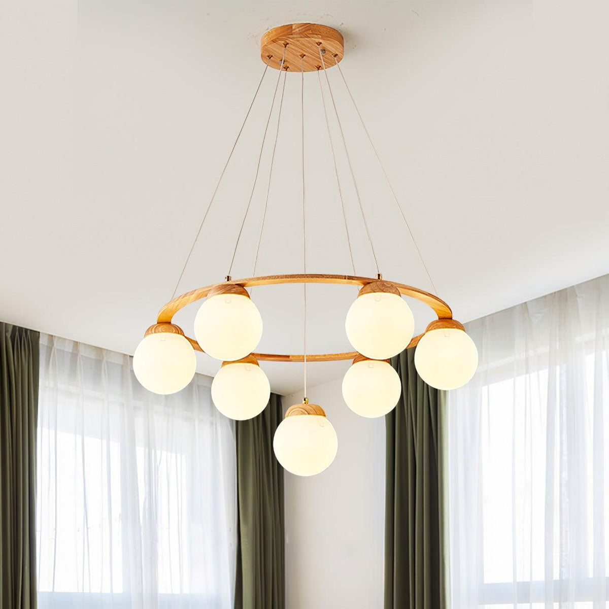 Aelion Kroonluchter van glas Houten Ring Opalglas bollen