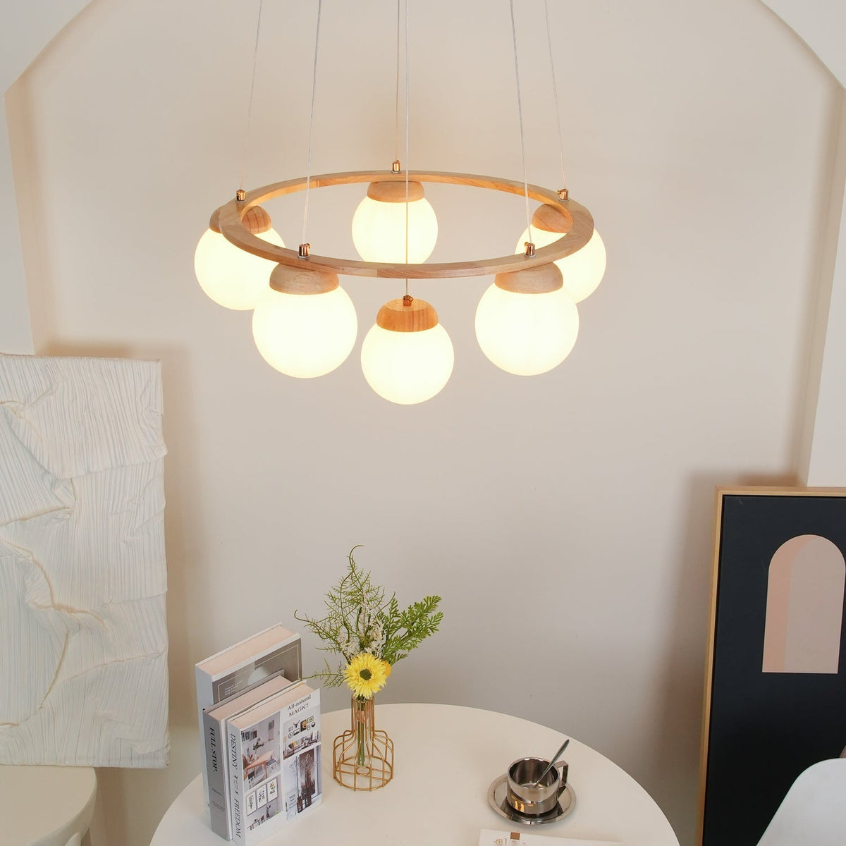 Aelion Kroonluchter van glas Houten Ring Opalglas bollen