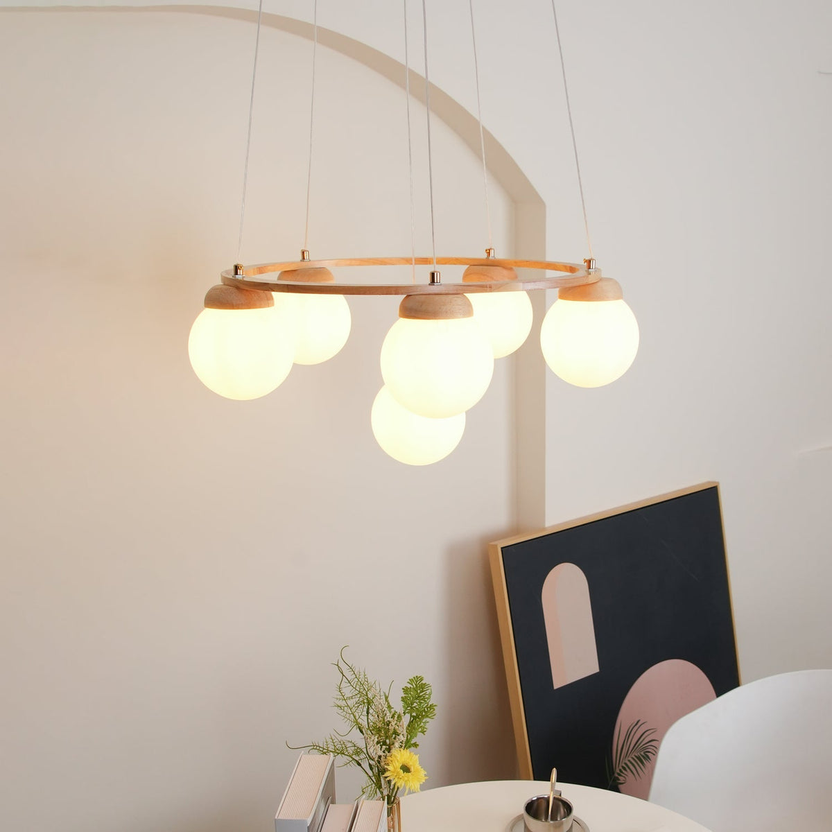 Aelion Kroonluchter van glas Houten Ring Opalglas bollen