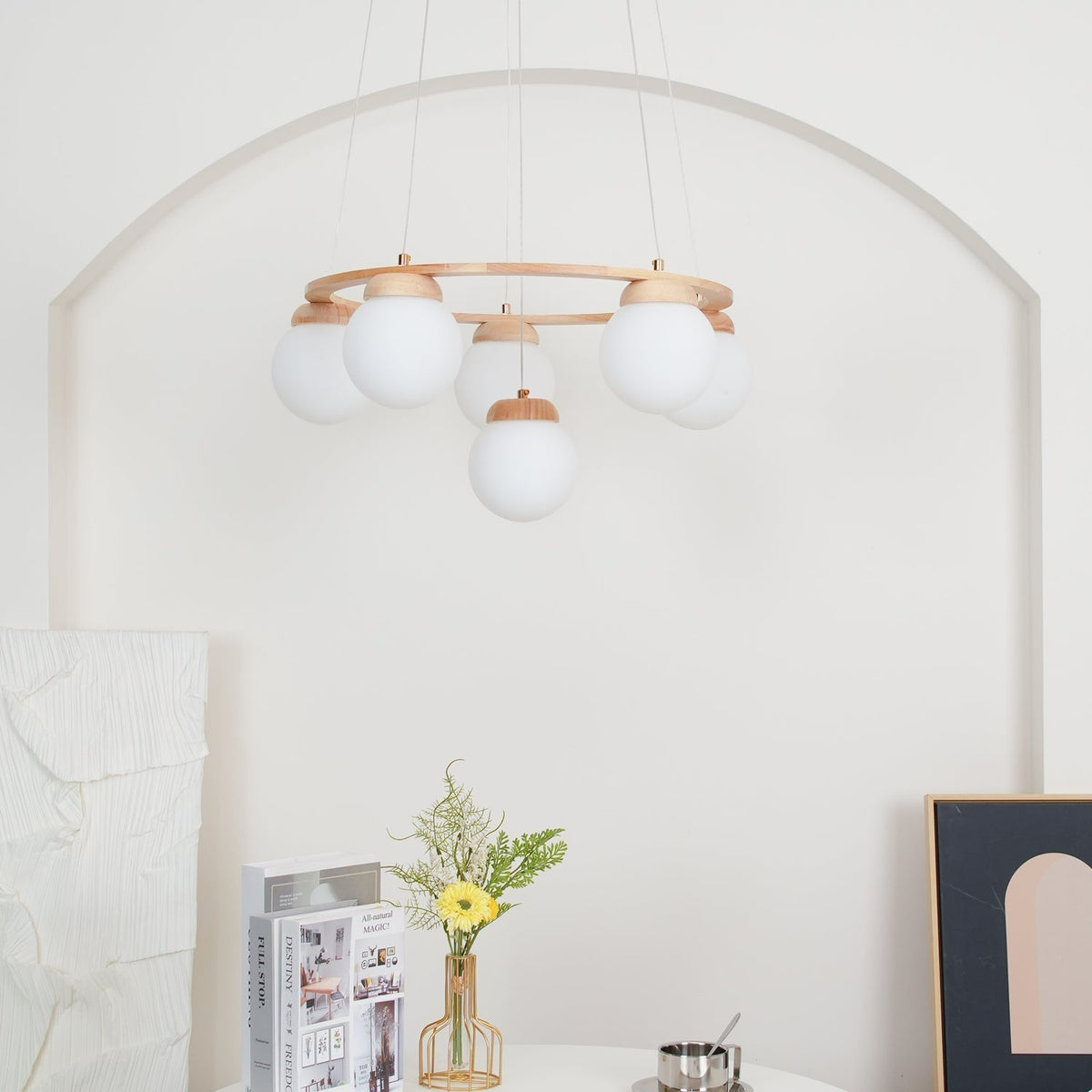 Aelion Kroonluchter van glas Houten Ring Opalglas bollen