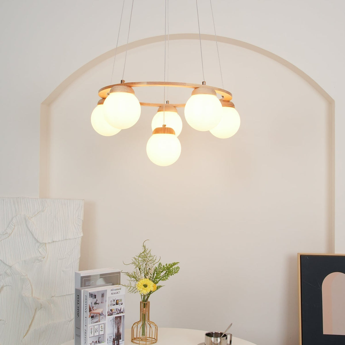 Aelion Kroonluchter van glas Houten Ring Opalglas bollen