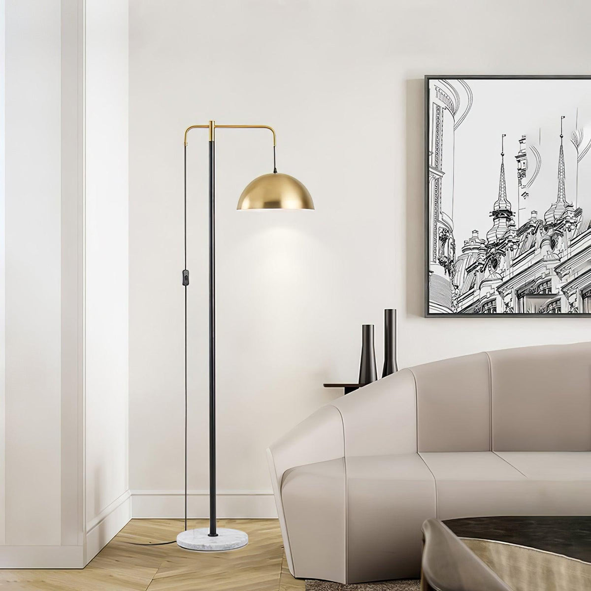 Lumirette messing vloerlamp met boogarm