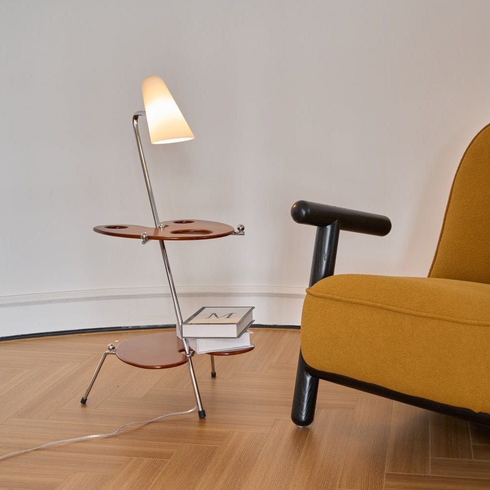 Vaughn Moderne vloerlamp van walnoothout en chrome