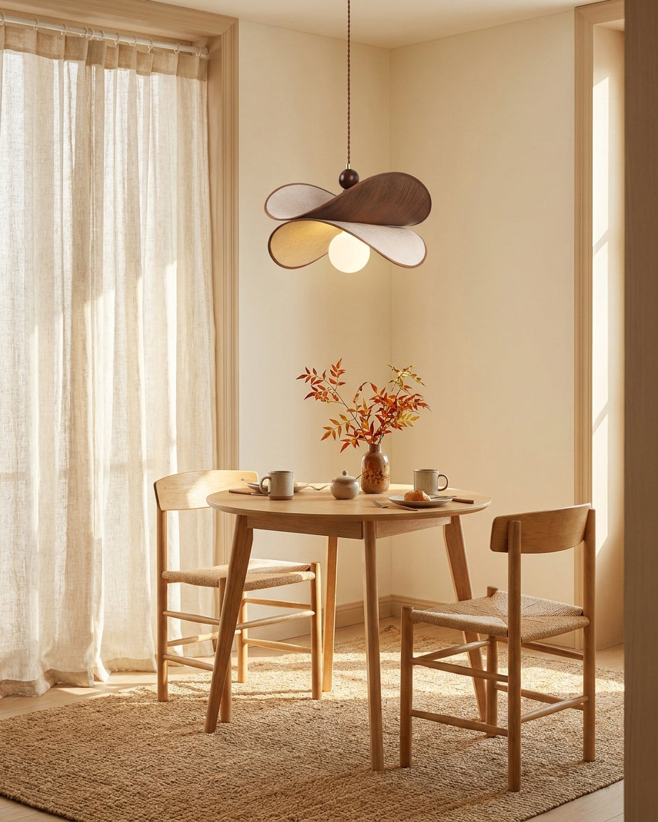 Zephyr hanglamp walnoot linnen met gedraaid bloemblaad houten frame