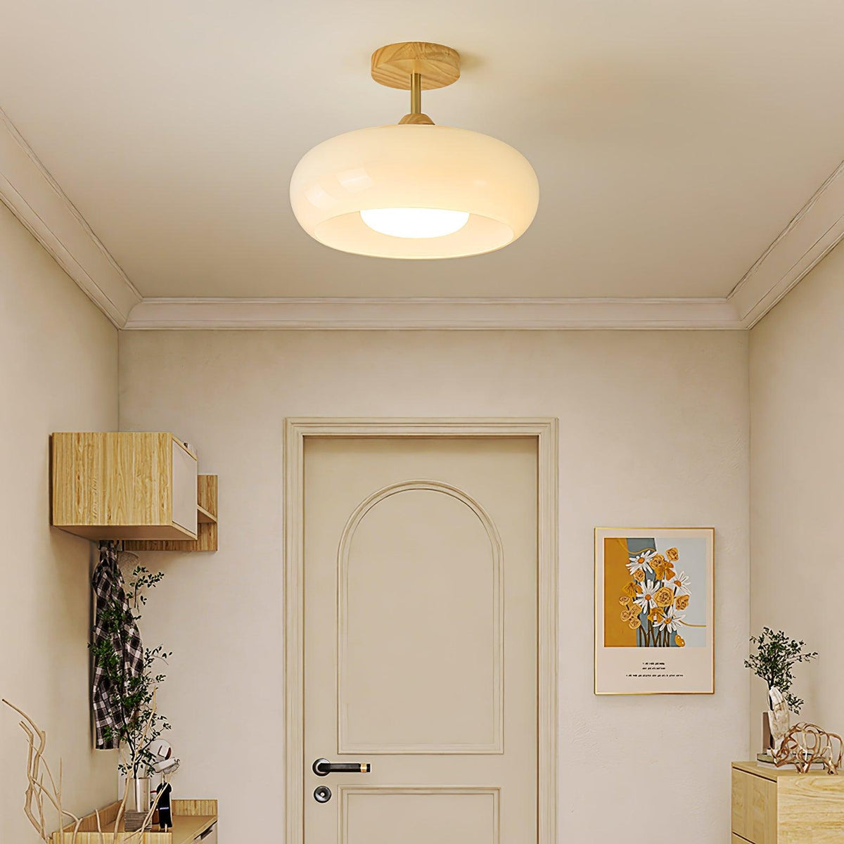 Aldaline plafondlamp met glazen kap en houten kleur