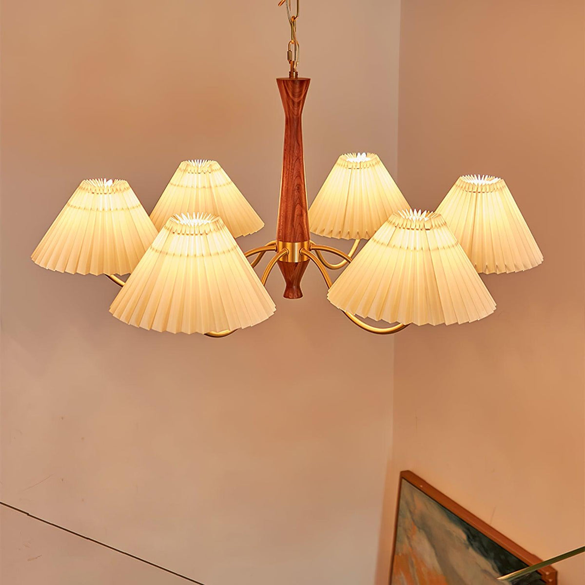Calivine kroonluchter Pleated met witte lampkappen Mid-Century