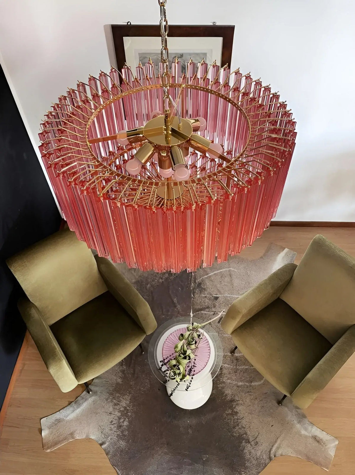 Celelaria Kroonluchter met Roze Glasprismen Geometrisch