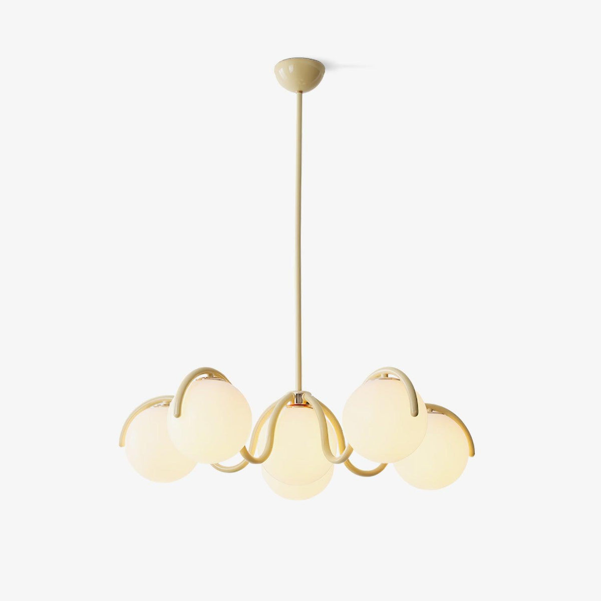 Eireine Kroonluchter met witte glazen bollen en gebogen frame