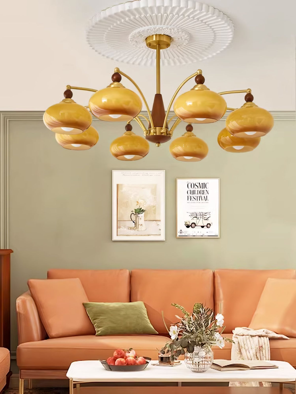 Vevely Retro hanglamp van messing met gele glasbol