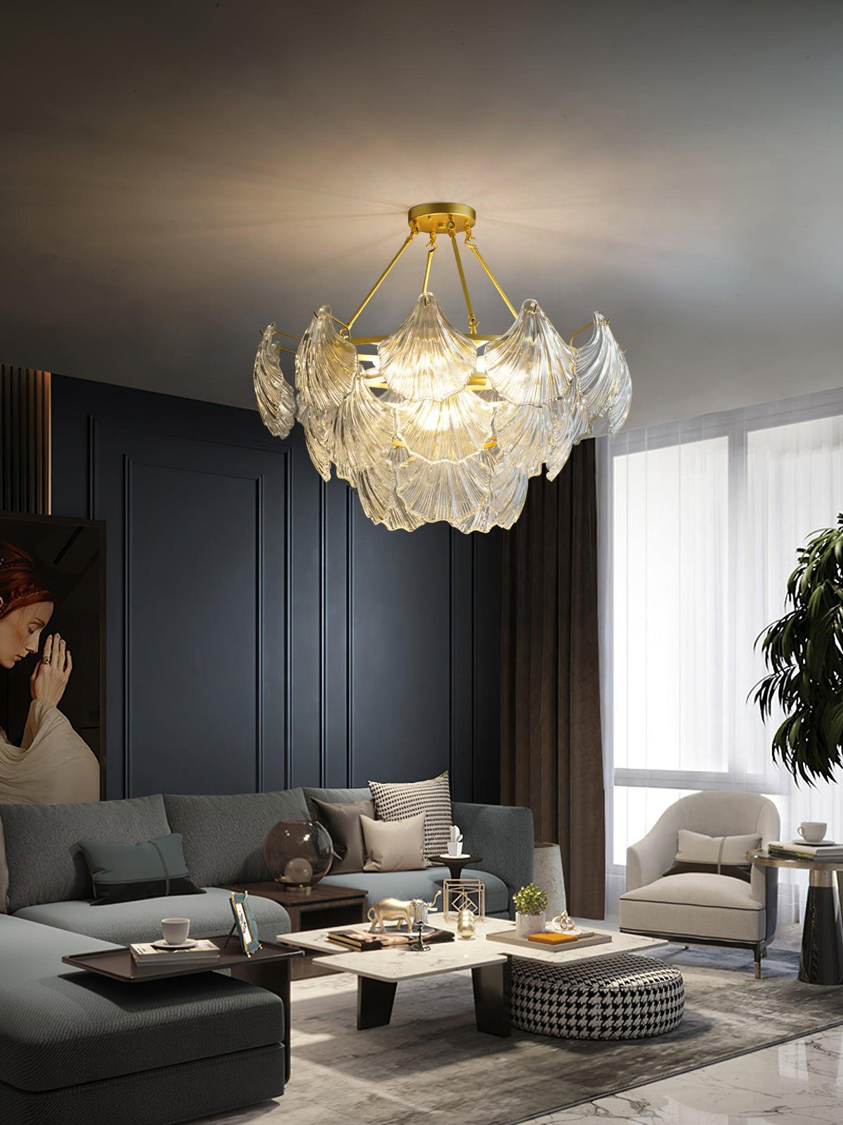 Veluaya plafondlamp met ribbelvormige glazen kap in goudkleurige afwerking