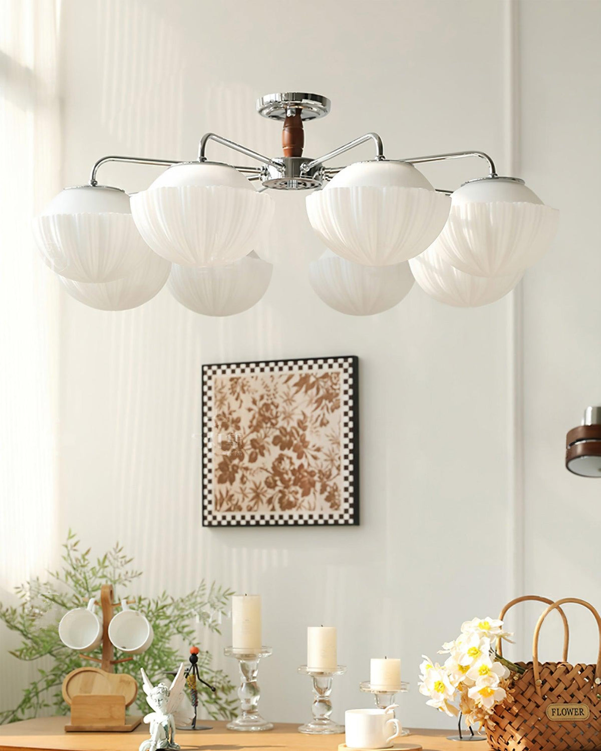 Rinivian Kroonluchter Retro glas chroom Walnoot