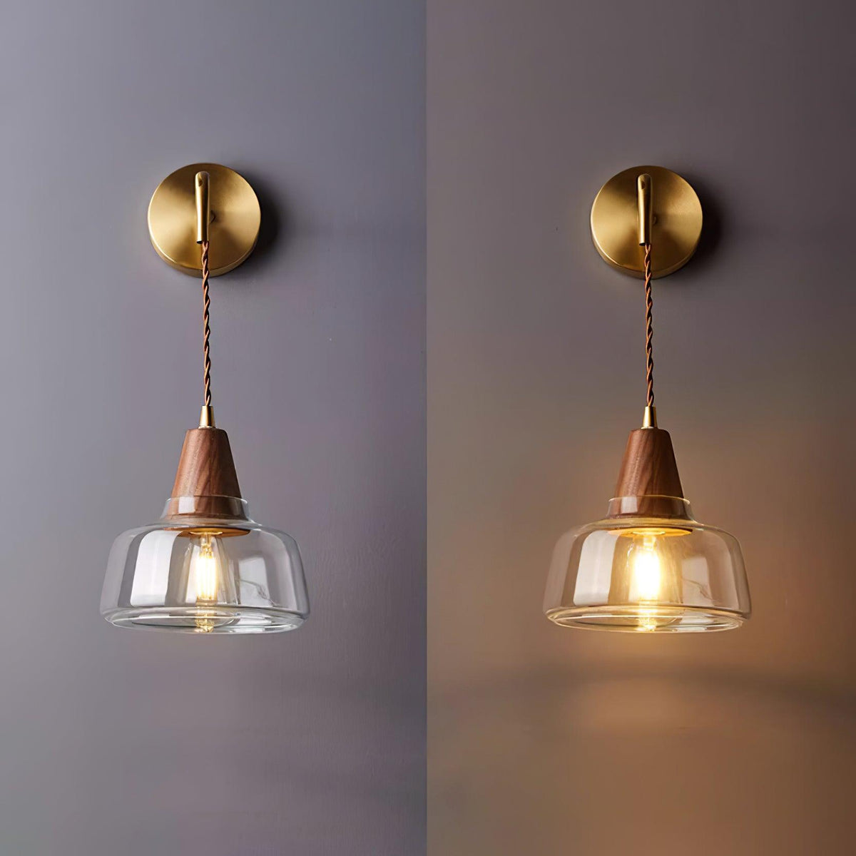 Moderne wandlamp met amberkleurig glas en walnoothouten accent