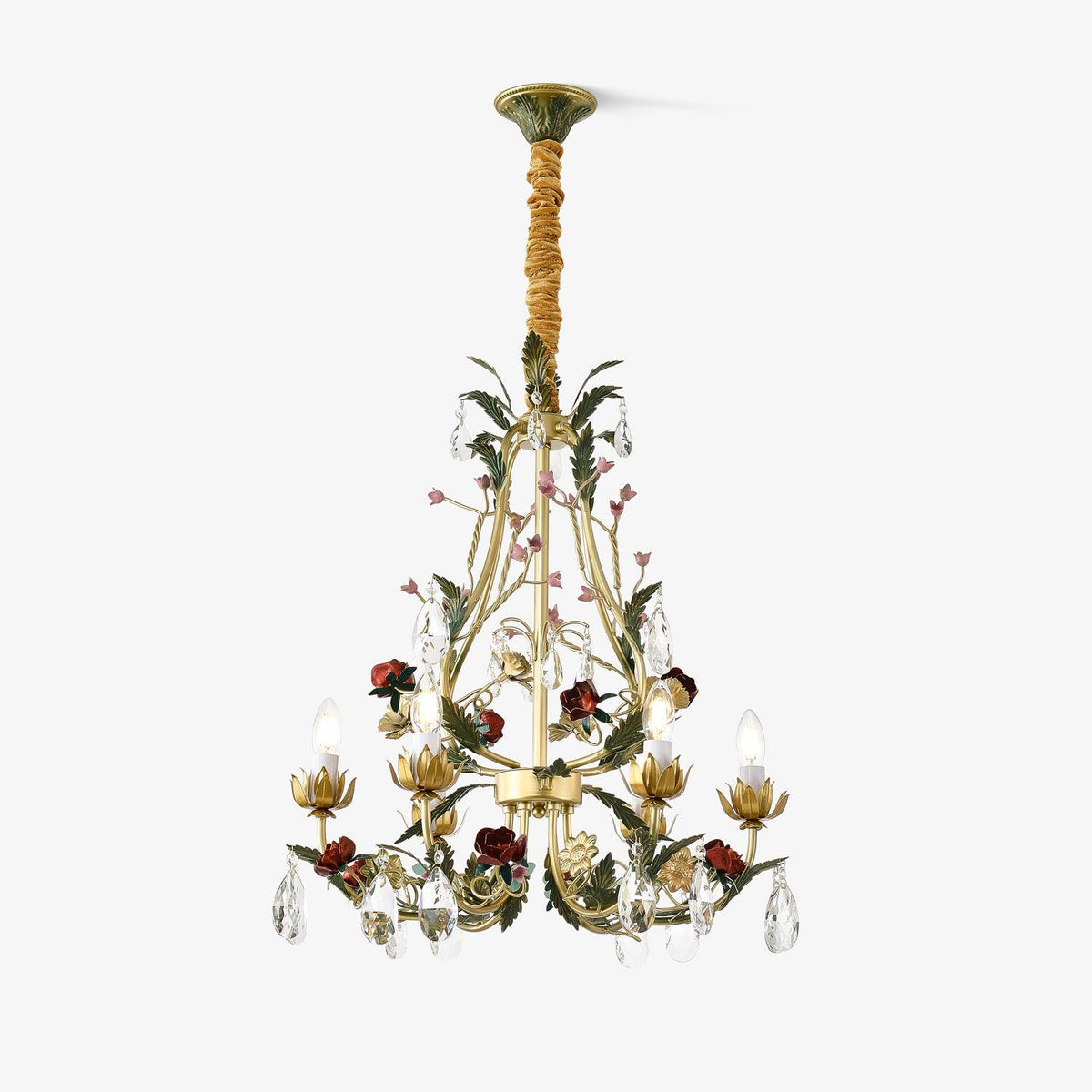 Selarella Kroonluchter messing Bloemige Roos Kristal Kaars
