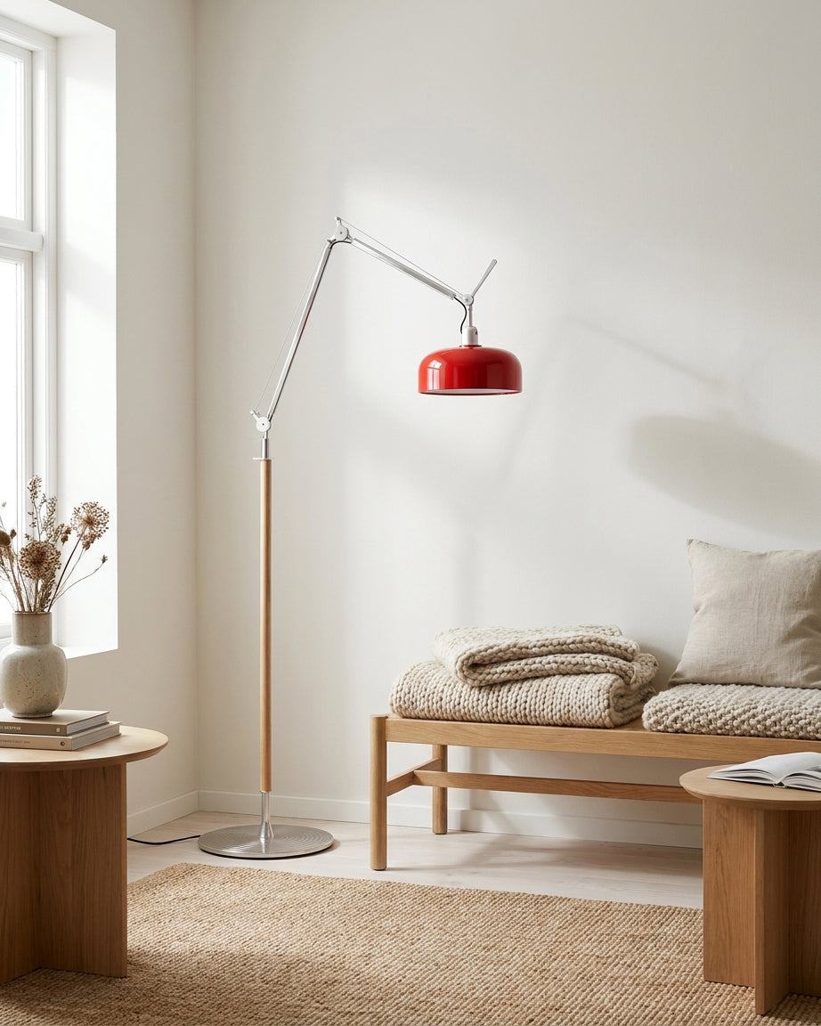 Rudy vloerlamp karmozijnrood esdoornhout met beweegbare arm