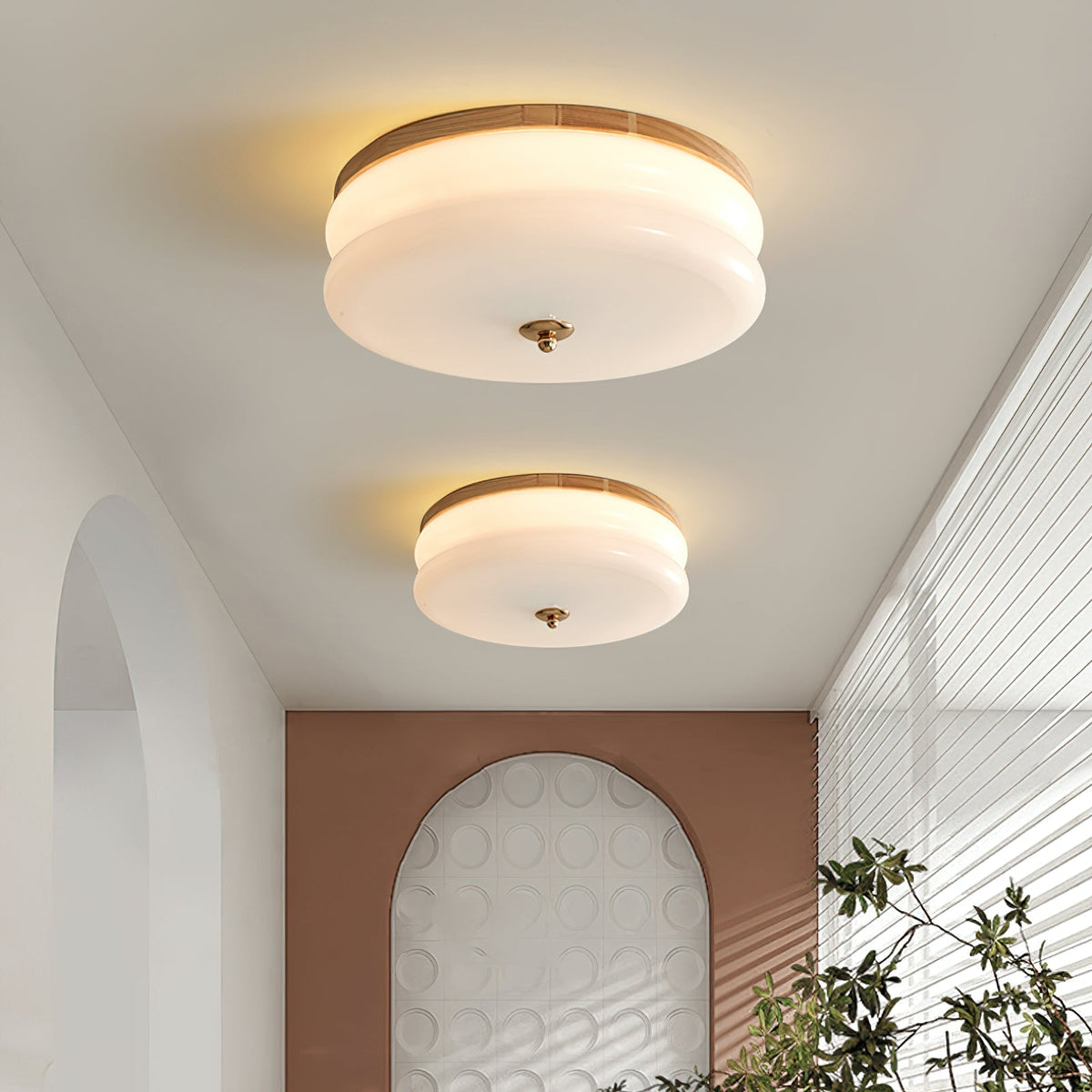 Cora plafondlamp dubbele laag glas schijf walnoot minimalistisch
