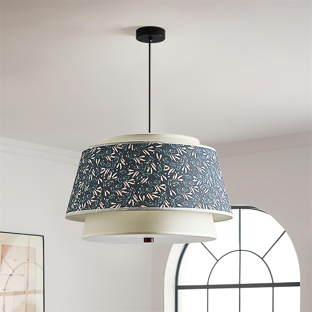 Sorarina hanglamp met blauwe bloemenstof en walnootlaag