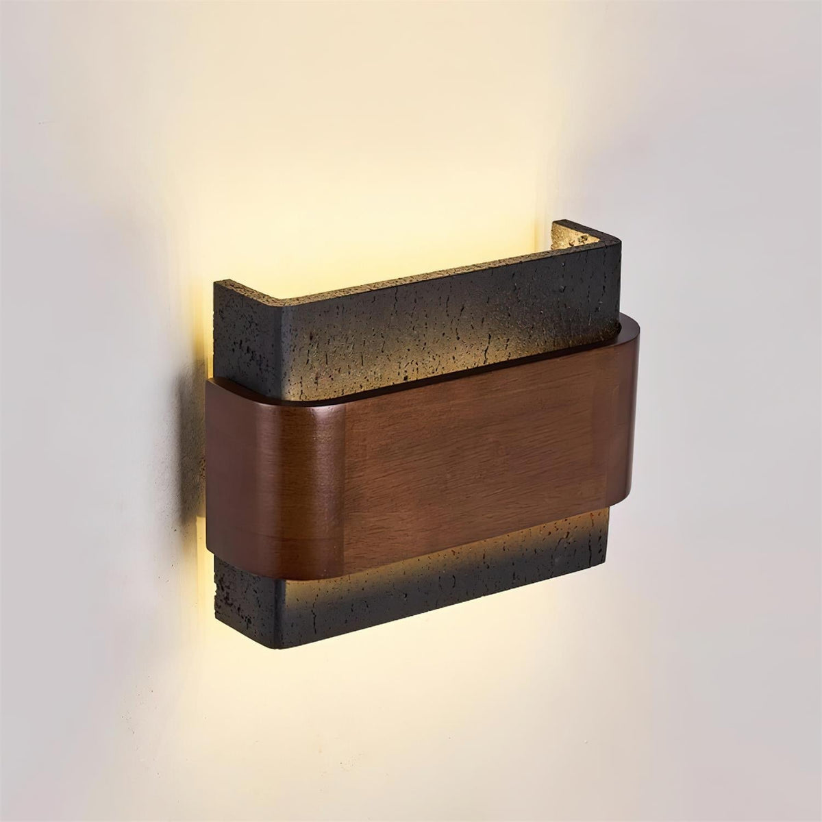 Valeneria travertin wandlamp met houten afwerking in boogvorm