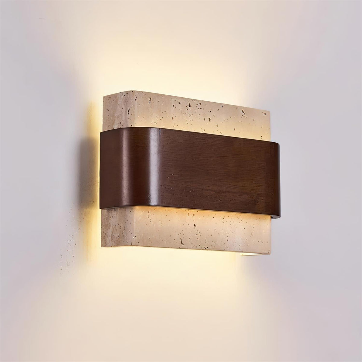 Valeneria travertin wandlamp met houten afwerking in boogvorm