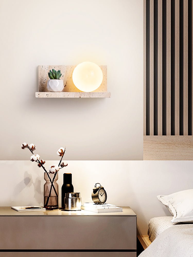 Vanthel wandlamp met plank van geel travertin