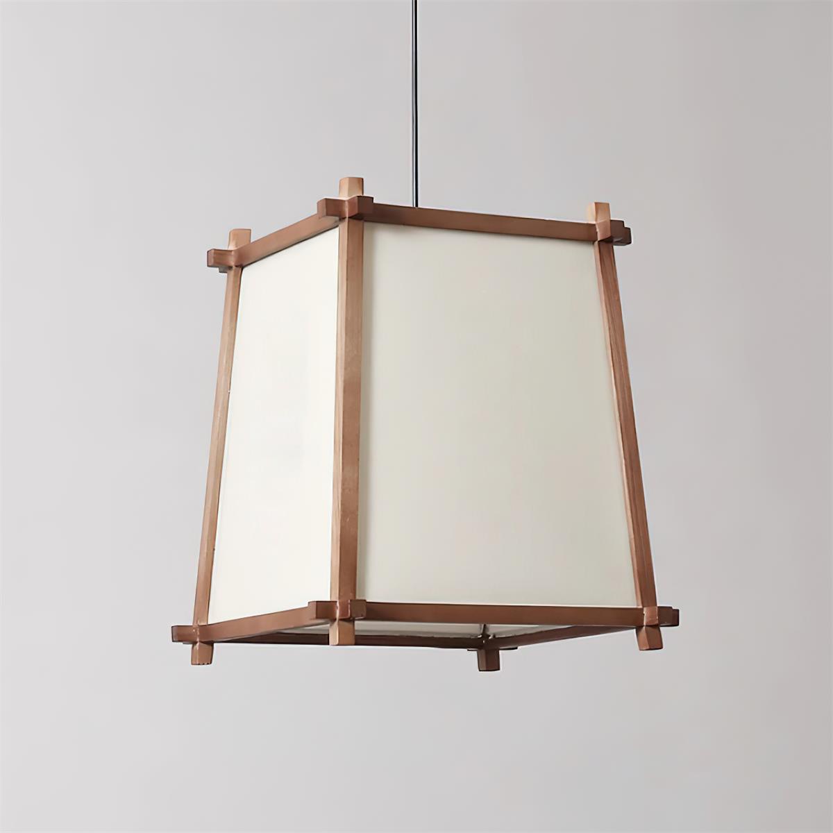 Ritta hanglamp met geometrisch houten frame en stoffen kap