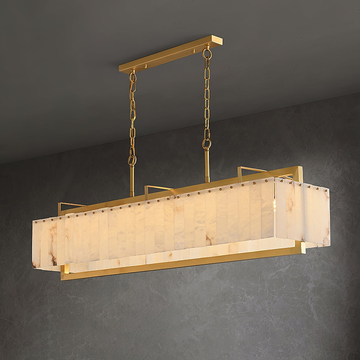 Nivivenne rechthoekige albasten hanglamp met goudkleurige metalen lijst
