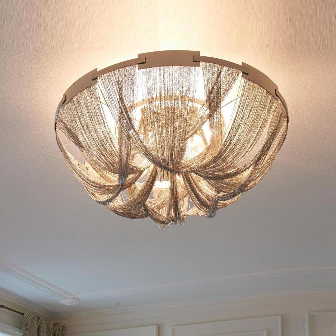 Talj plafondlamp met ketting van aluminium en tassel in nikkel