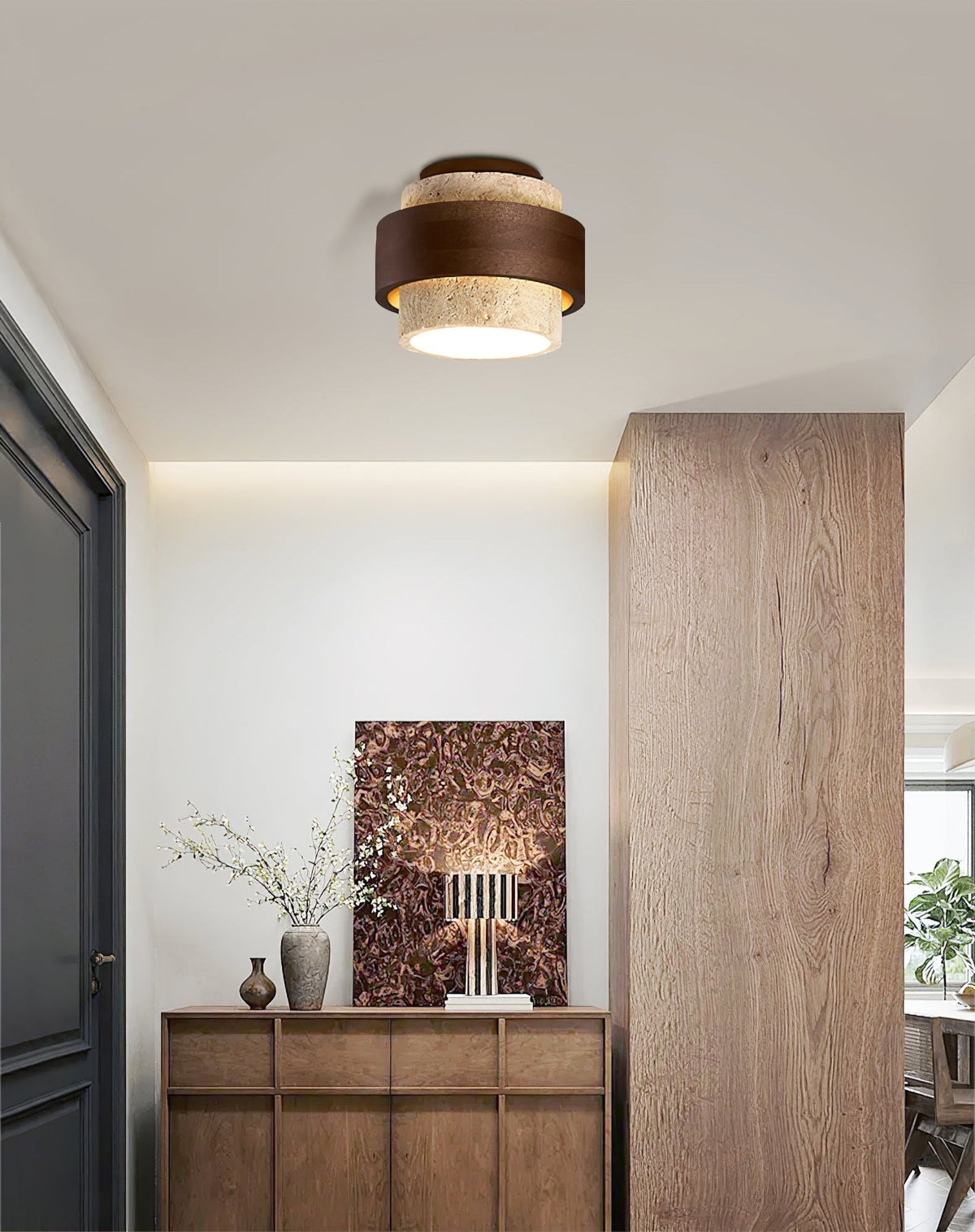Perra plafondlamp met geconcentreerde ringen van travertin en donker walnoot