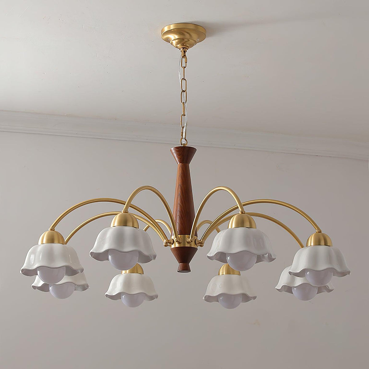 Aldoraria Kroonluchter messing Walnoot Hout Opaline Keramiek