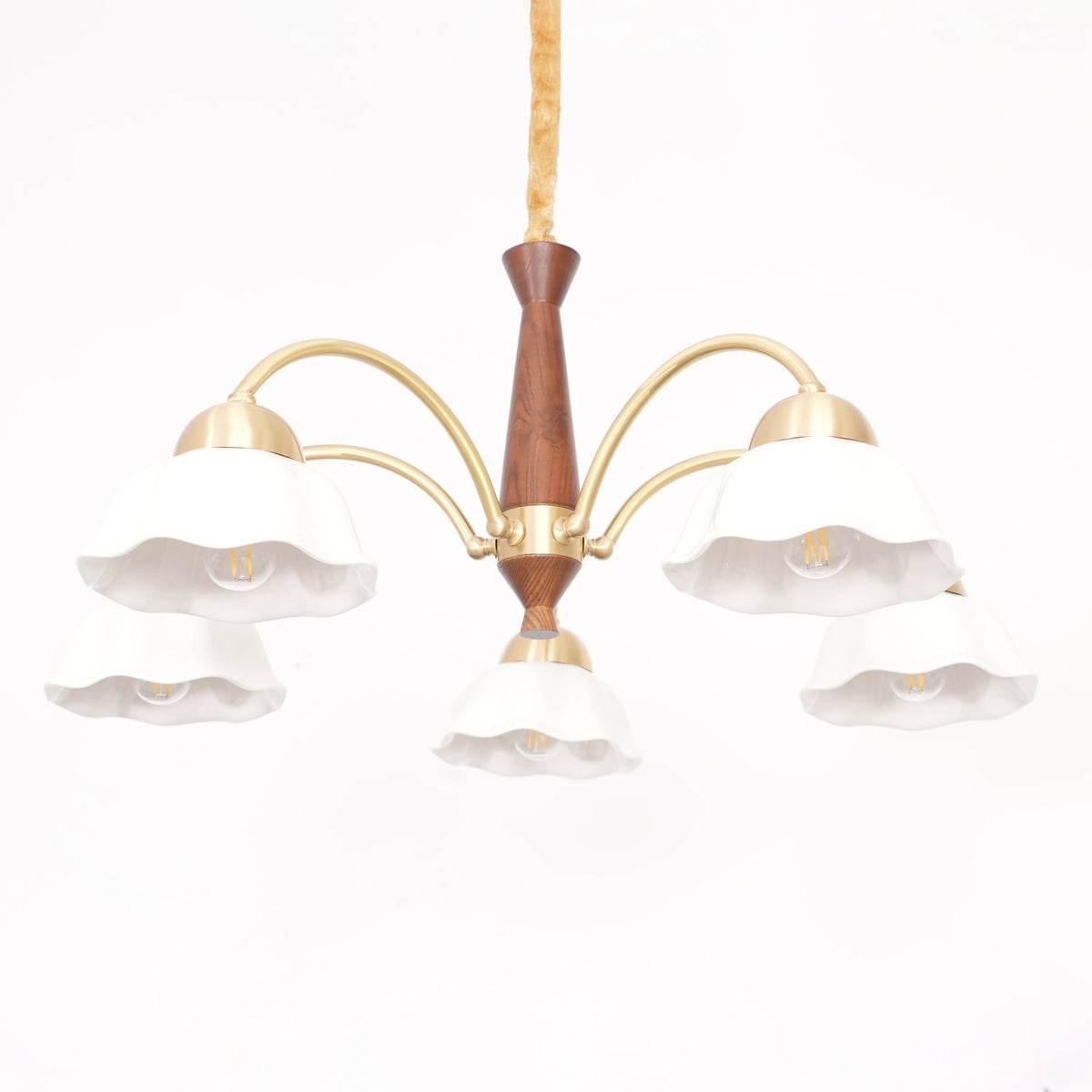 Aldoraria Kroonluchter messing Walnoot Hout Opaline Keramiek