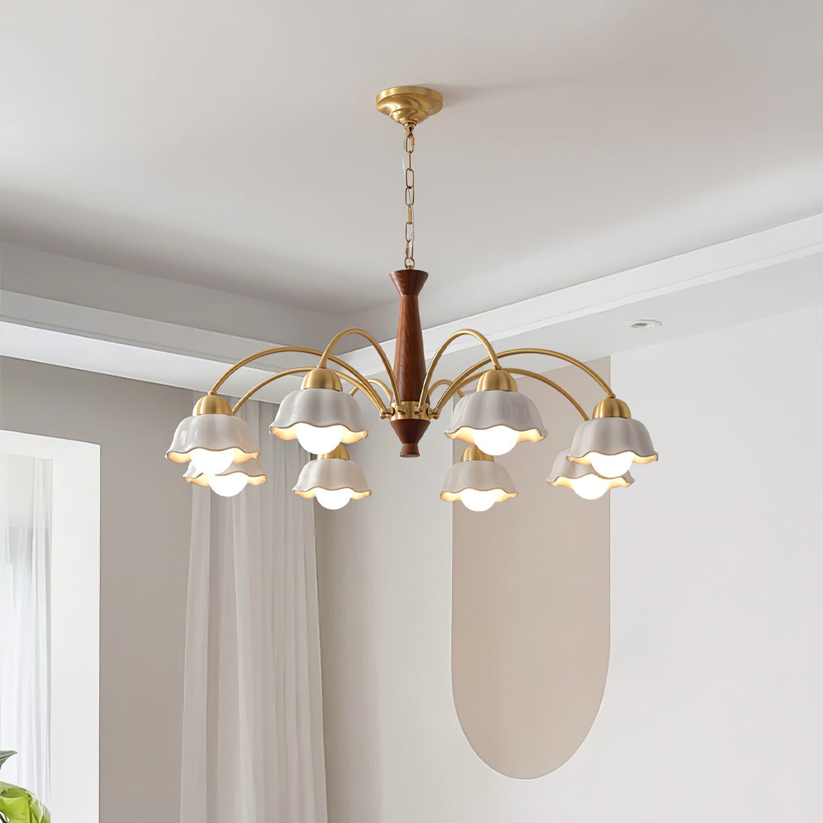 Aldoraria Kroonluchter messing Walnoot Hout Opaline Keramiek