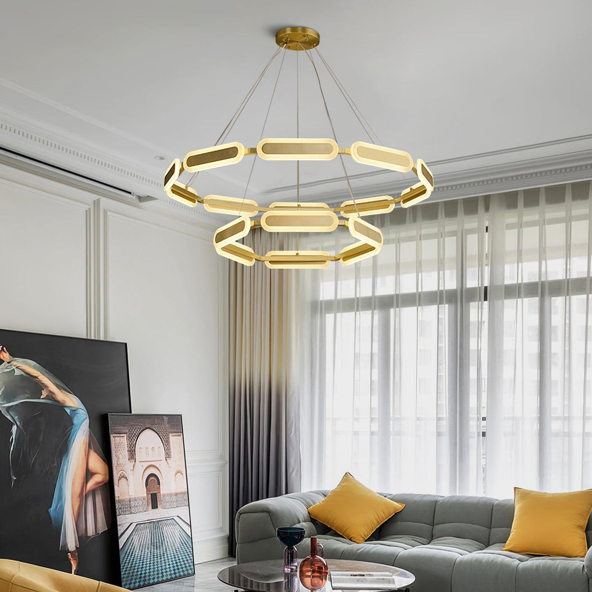 Din kroonluchter met geometrische messing ring