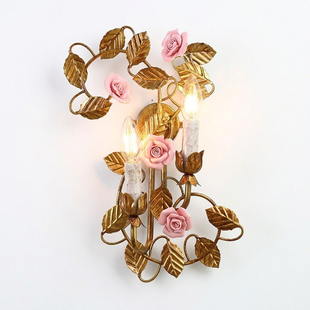 Blossom wandlamp met Vintage en Roze Ceramische Bloemen
