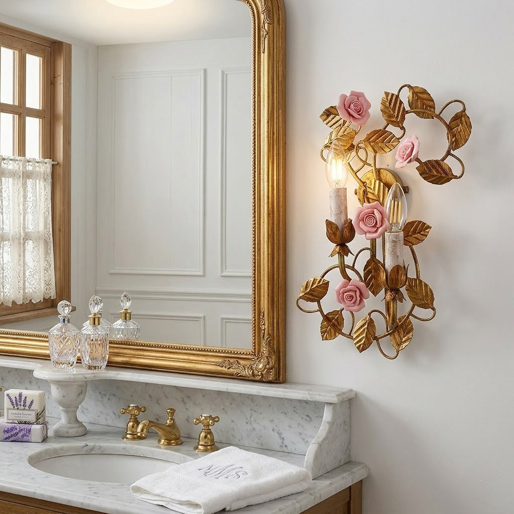 Blossom wandlamp met Vintage en Roze Ceramische Bloemen