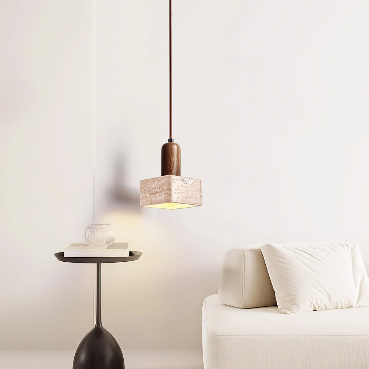 Lava vierkante hanglamp met travertin in walnootkleur