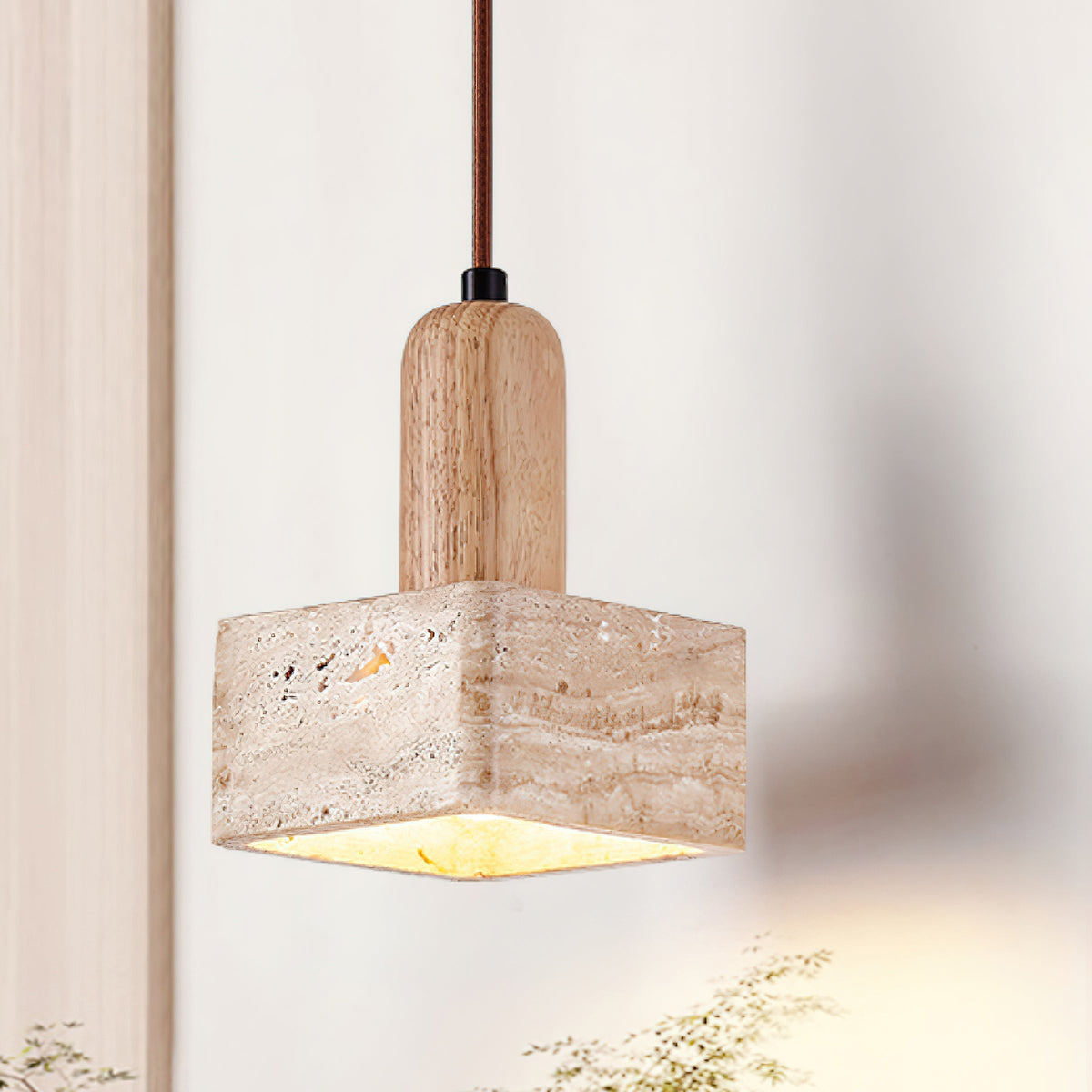 Lava vierkante hanglamp met travertin in walnootkleur