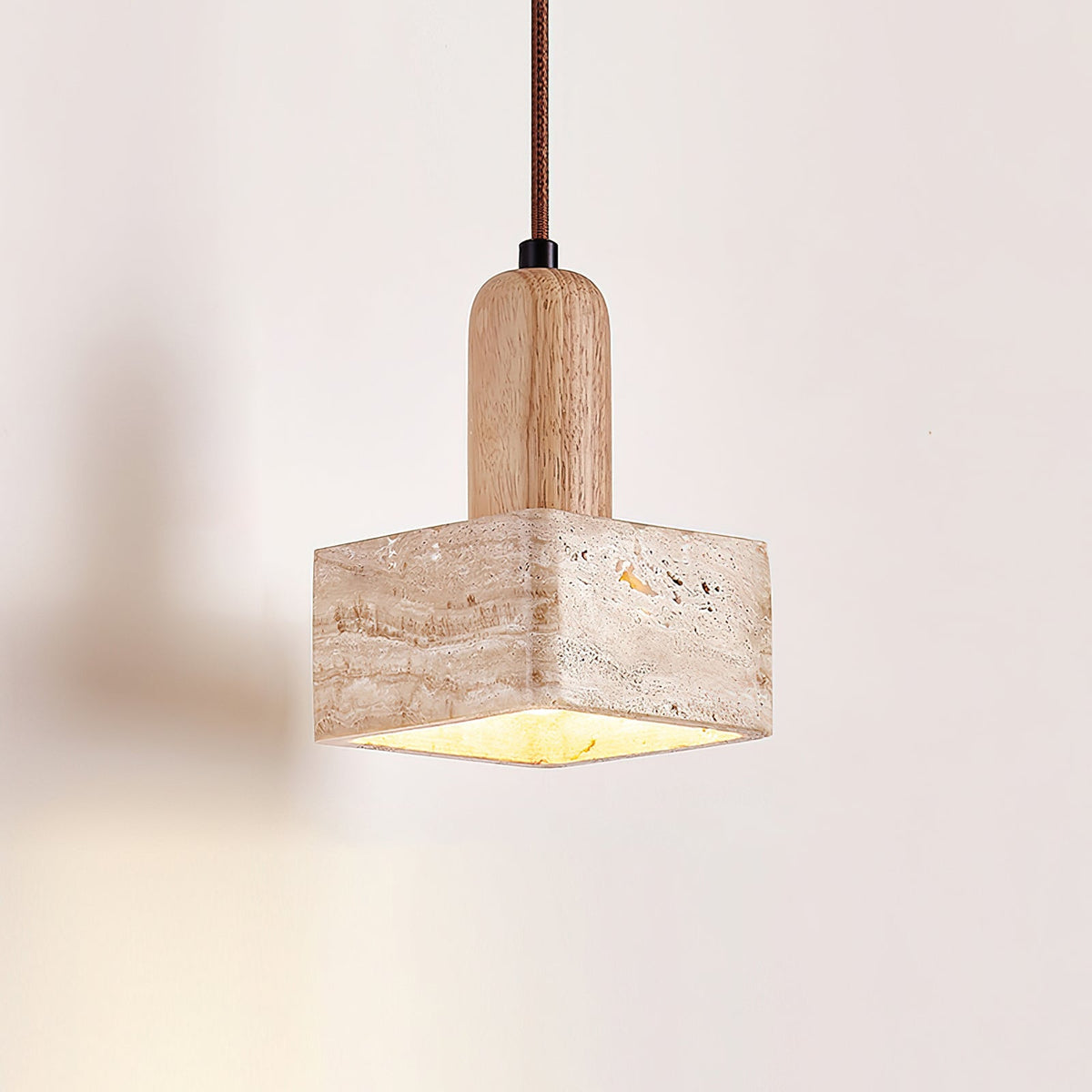 Lava vierkante hanglamp met travertin in walnootkleur