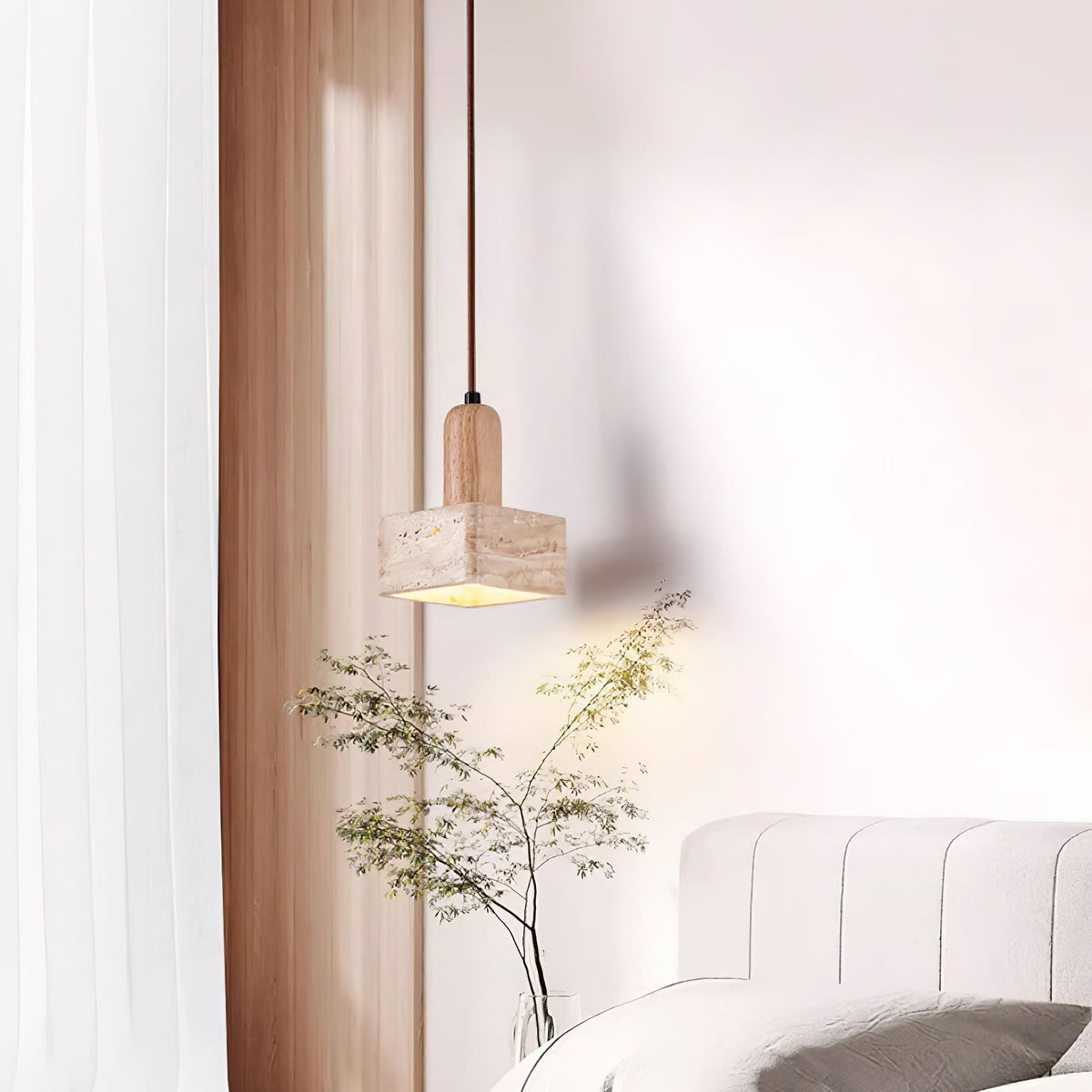 Lava vierkante hanglamp met travertin in walnootkleur