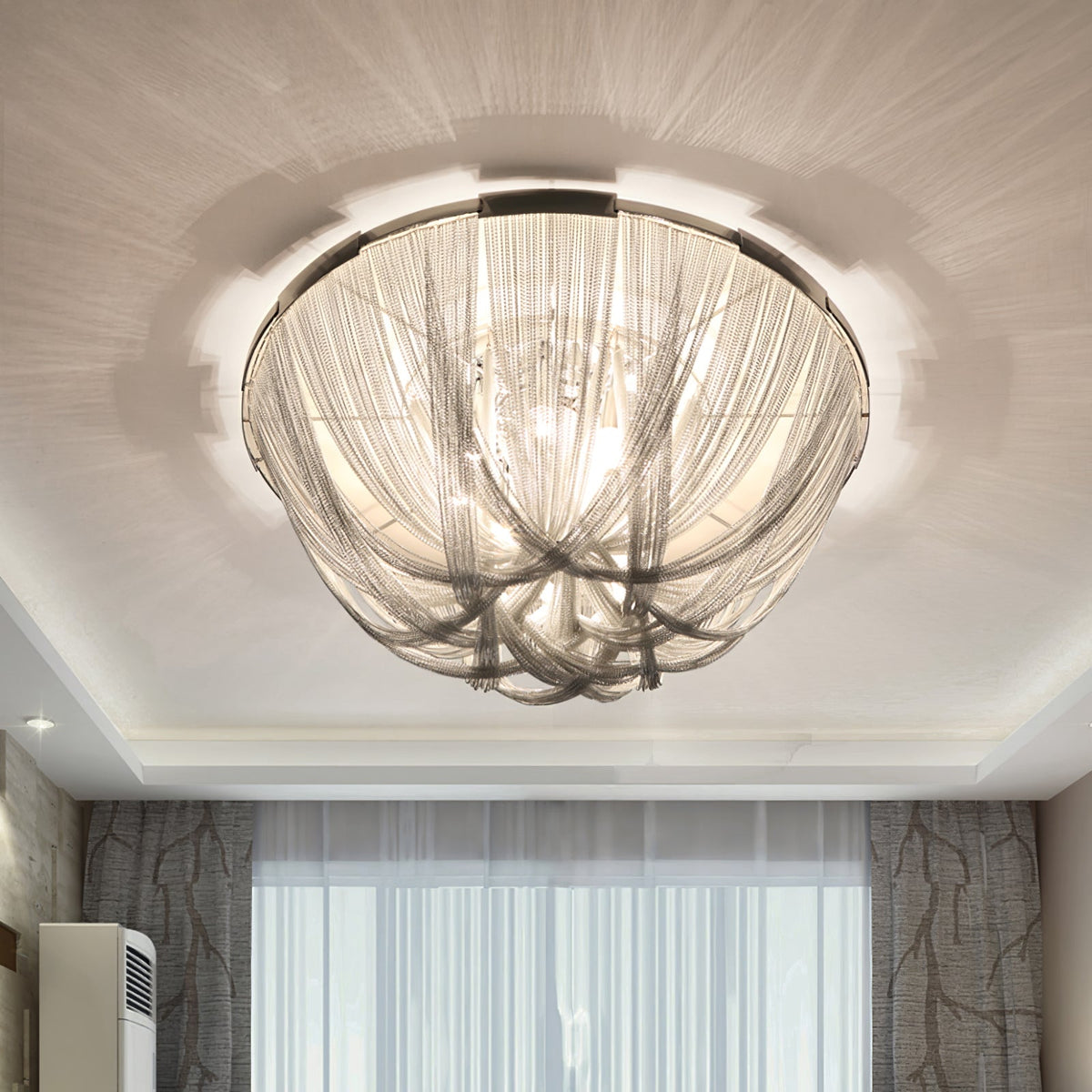 Talj plafondlamp met ketting van aluminium en tassel in nikkel