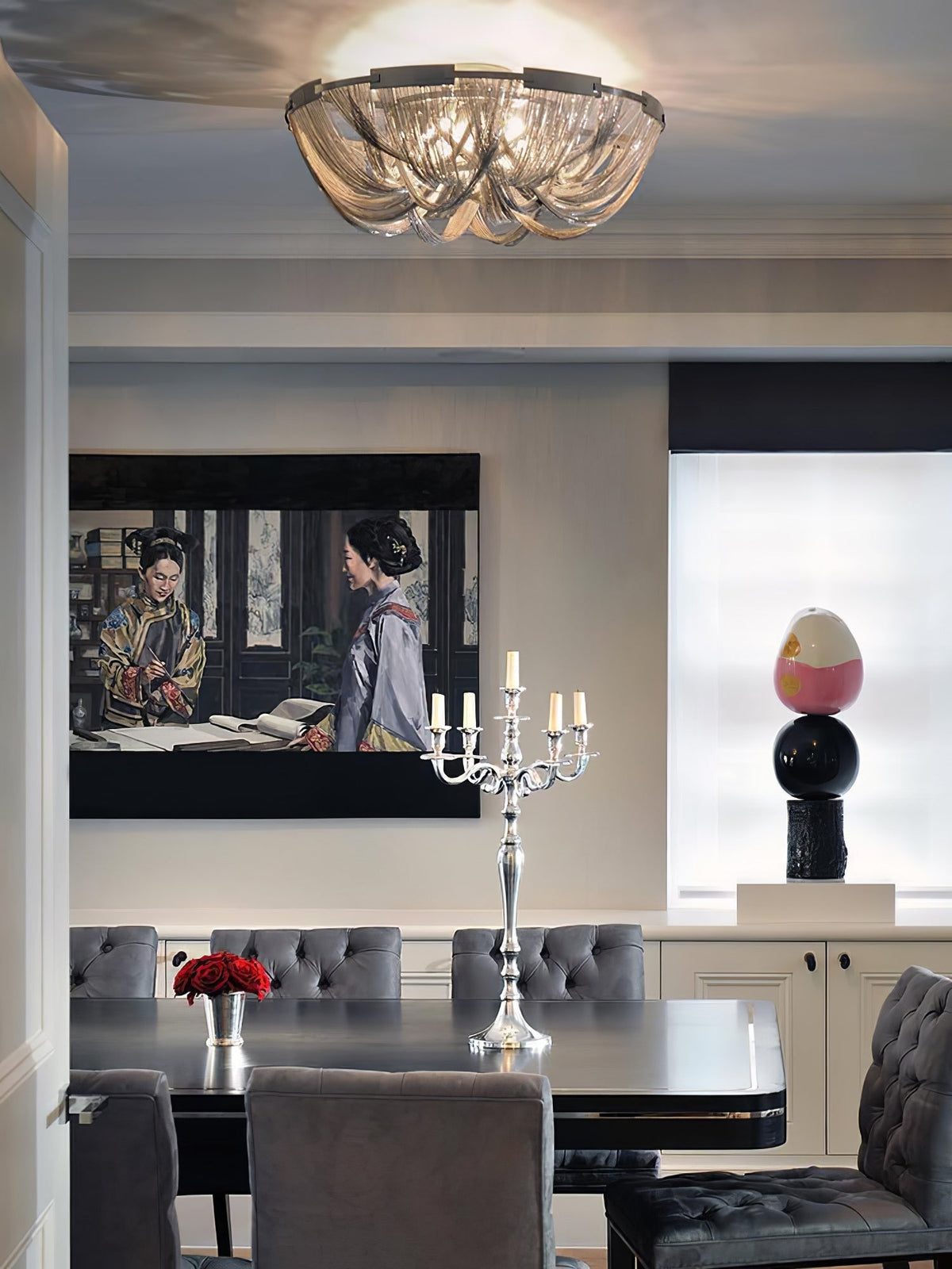 Talj plafondlamp met ketting van aluminium en tassel in nikkel