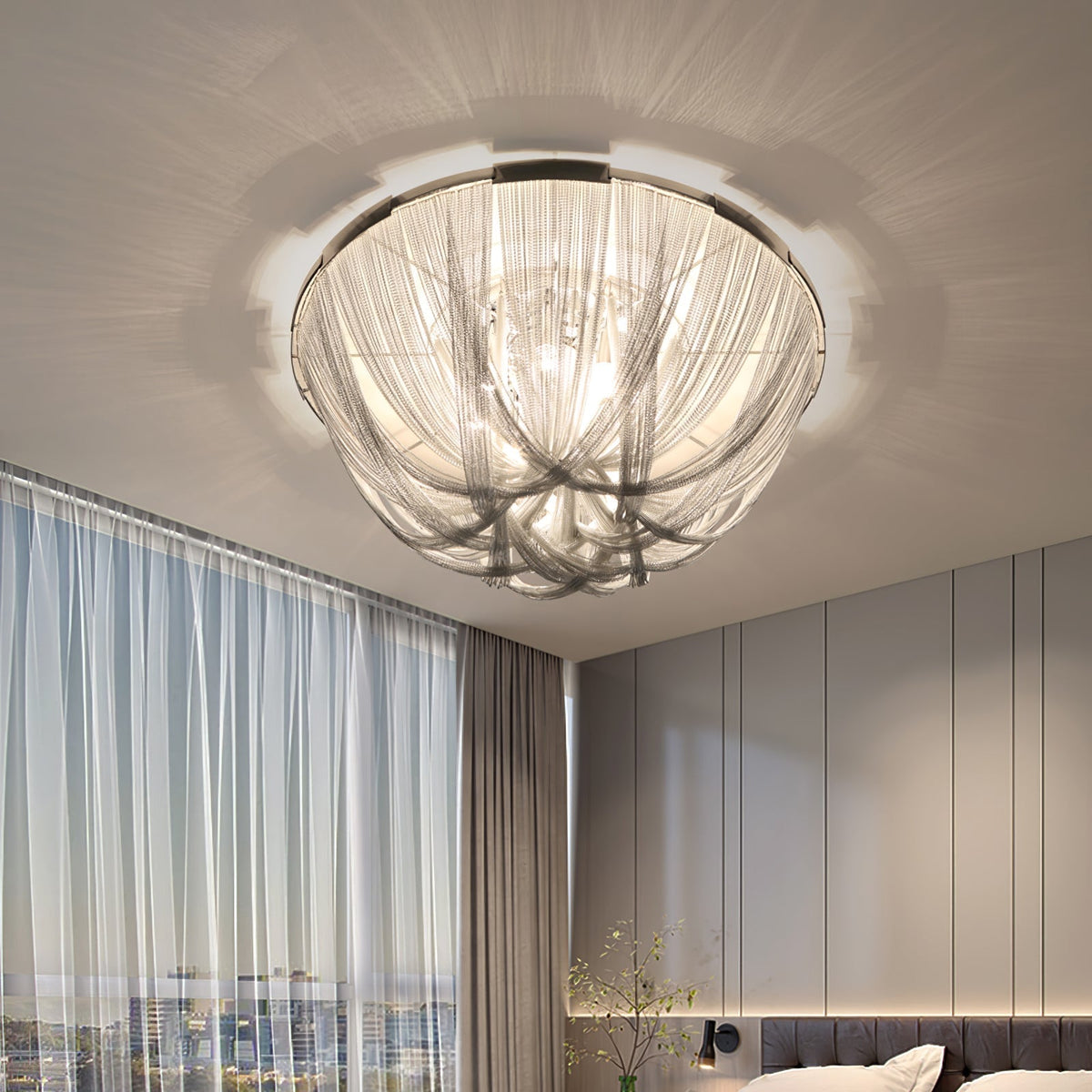 Talj plafondlamp met ketting van aluminium en tassel in nikkel